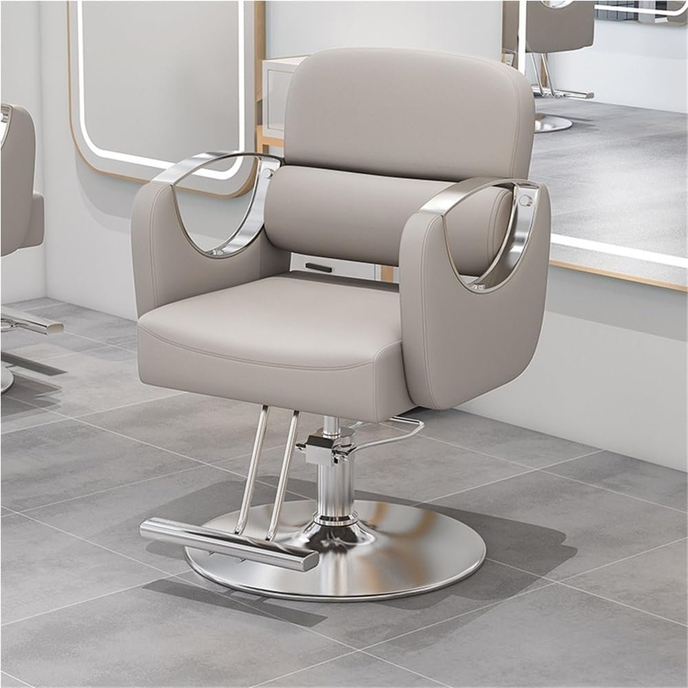 Barber Chair with Pu Leather, Hydraulic Pump 360 Swivel Salon Chair with Adjustable Height, Heavy Duty Ergonomic Chair Easy to Assemble, Hair Styling Beauty Equipment(Silver,Beige)