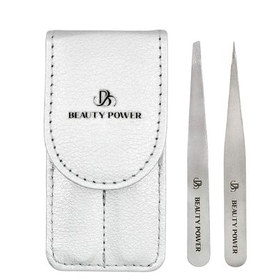 Beauty Power Professional Tweezers Set Slant & Point, Ultra Precision German Stainless Steel Tweezers for Eyebrows, Chin, Ingrown Hair & Facial Grooming Lightweight with Travel Case (Matte Grey)