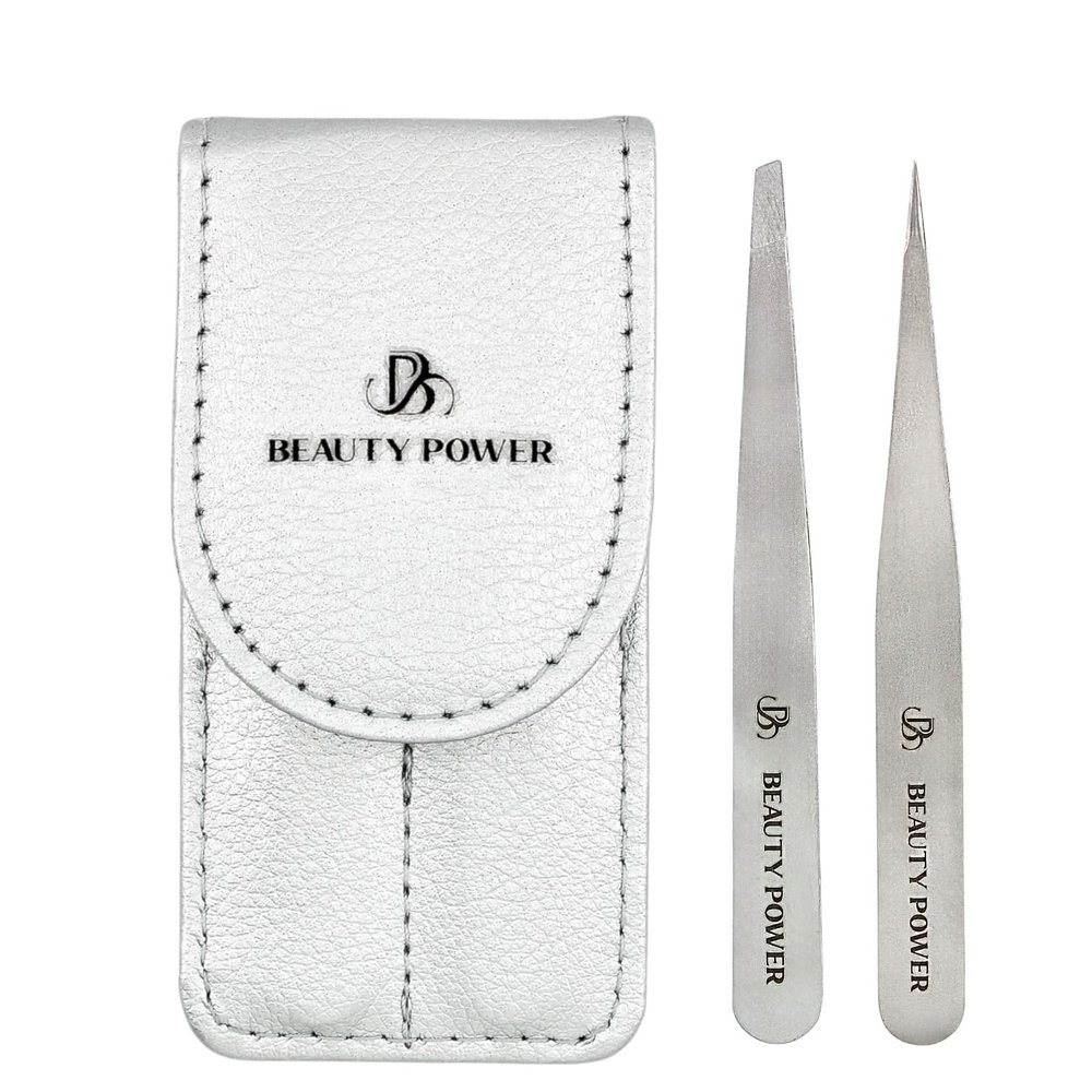 Beauty Power Professional Tweezers Set Slant & Point, Ultra Precision German Stainless Steel Tweezers for Eyebrows, Chin, Ingrown Hair & Facial Grooming Lightweight with Travel Case (Matte Grey)