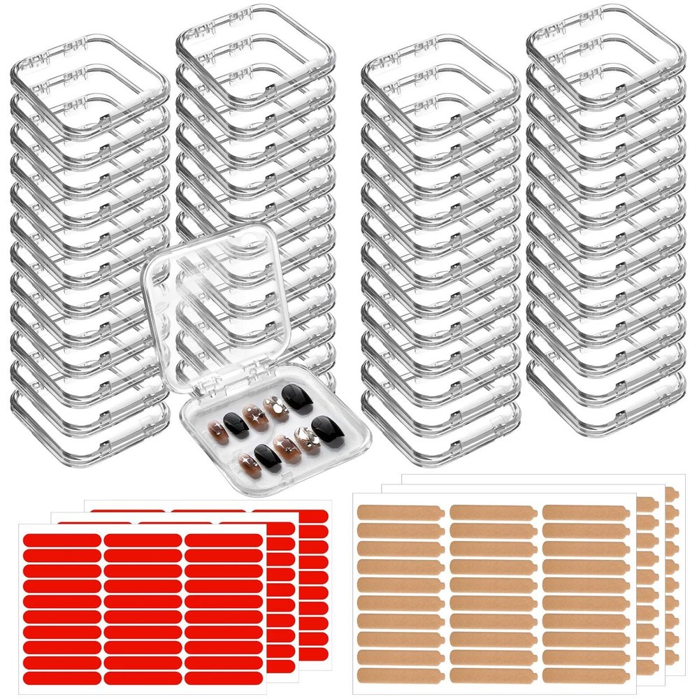 Aemygo 48 Sets Press On Nail Storage Box, Clear Artificial Nail Display Case Acrylic Nail Boxes Press On Nail Packaging Box, Adhesive Double Sided Tape Nail Box for Nail Salon