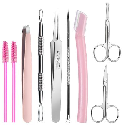 Teenitor Facial Tools Kit with Blackhead Remover Tweezers, Ingrown Hair Tweezers, Pimple Extractor Acne Treatment Tool, Eyebrow Scissors, Razor, Brush