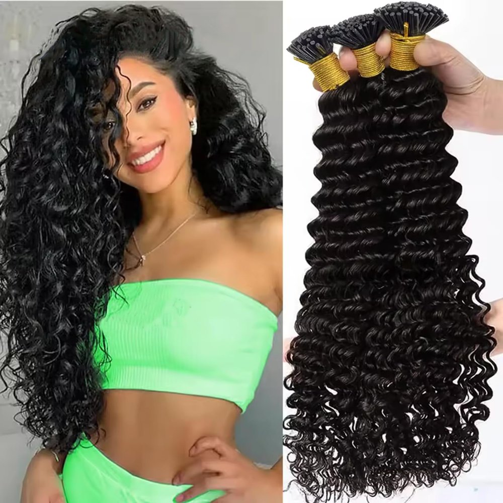 Itip Human Hair Extensions 100% Brazilian Remy Hair Invisible Keratin Stick I Tip Hair Extensions for Black Women Natural Colored Deep Wave Micolink Beads Hair Extension 20 Inch 0.5g/Strand 50 Gram
