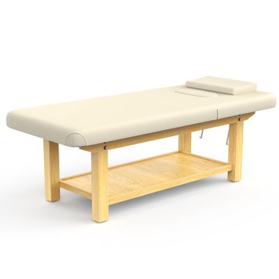 pouseayar Wood Wide Stationary Massage Table for Treatment Table Physical Therapy Table Spa Facial Bed, PU Leather 31.5'' Wide  75'' Long - Beige Gray, 4-Legged Integral Structure