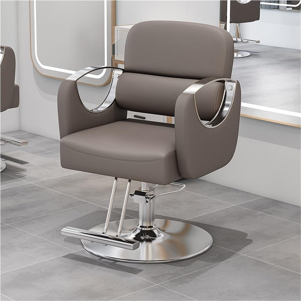 Barber Chair with Pu Leather, Hydraulic Pump 360 Swivel Salon Chair with Adjustable Height, Heavy Duty Ergonomic Chair Easy to Assemble, Hair Styling Beauty Equipment(Silver,Brown)