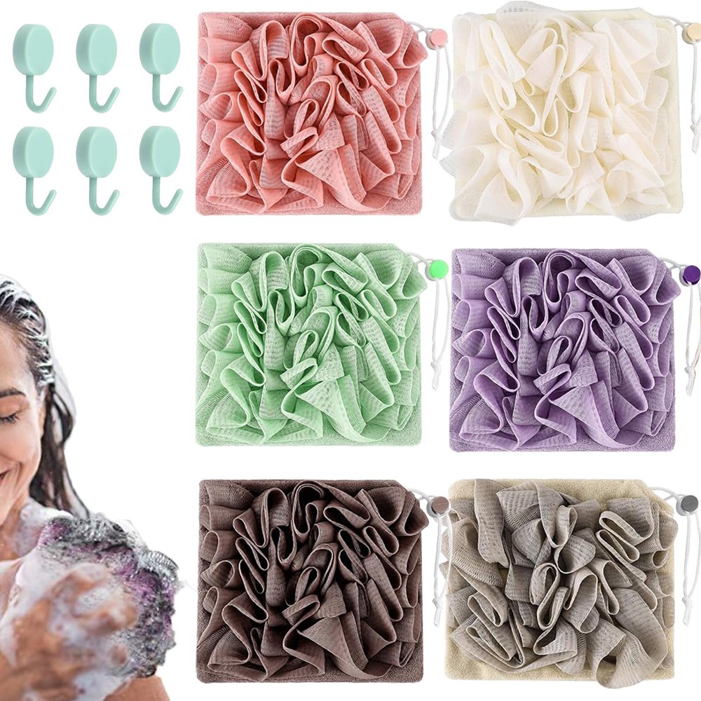 6Pcs 2 in 1 Washcloth Loofah Combo, Bath Loofah Sponge with Drawstring, Holds Bar Soap Lofas for Shower Pouf, Loofahs for Women, Exfoliation Mesh Shower Puffs for Body Wash Cleansing & Smooth Skin