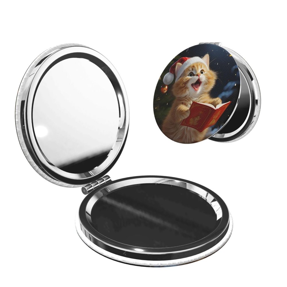 FJWSLCH Cute Cat Sing Christmas Carols Makeup Mirror Double-Sided 1X/2X Magnifying Mini Vanity Mirror for Pocket Purse Clutch, Handheld Beauty Mirror for Men Women