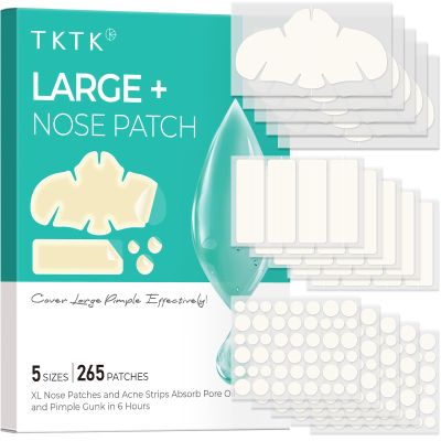 TKTK Hydrocolloid Nose Patches, XL Nose Pore Strips 91 x 48 mm, Large Hydrocolloid Acne Pimple Patches for Face, Cover Zit Blemishes & Absorb Oil (Nose Contoured, Strip, Dots 5 Sizes 265 Count)