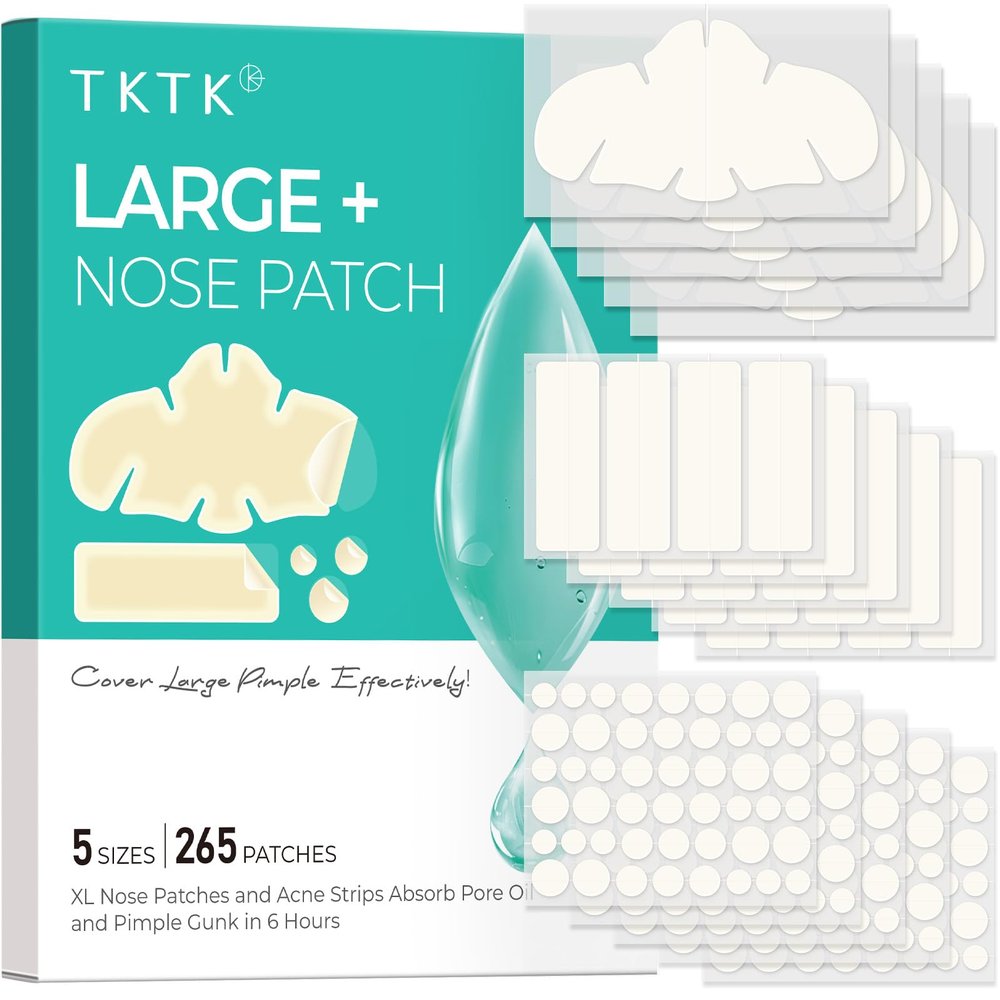 TKTK Hydrocolloid Nose Patches, XL Nose Pore Strips 91 x 48 mm, Large Hydrocolloid Acne Pimple Patches for Face, Cover Zit Blemishes & Absorb Oil (Nose Contoured, Strip, Dots 5 Sizes 265 Count)