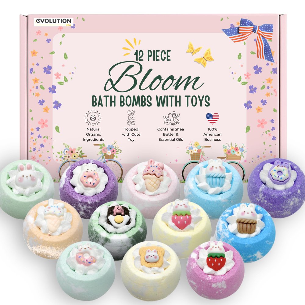 EvolutionUSA 12pc Bloom Bath Bombs with Toys, Adorable Girl Bath Bomb Set, Bubbly Kids Bathbombs, Fizzy Bath Ball, Kids Bath Bombs for Girls, Childrens Bath Bomb Set Christmas, Stocking Stuffer