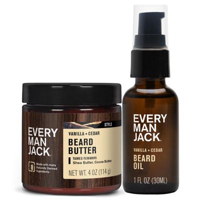 Every Man Jack Beard Oil & Beard Butter Bundle - Vanilla + Cedar Scent - Rejuvenates, Hydrates & Styles Dry Beards - Naturally Derived with Cocoa Butter and Shea Butter