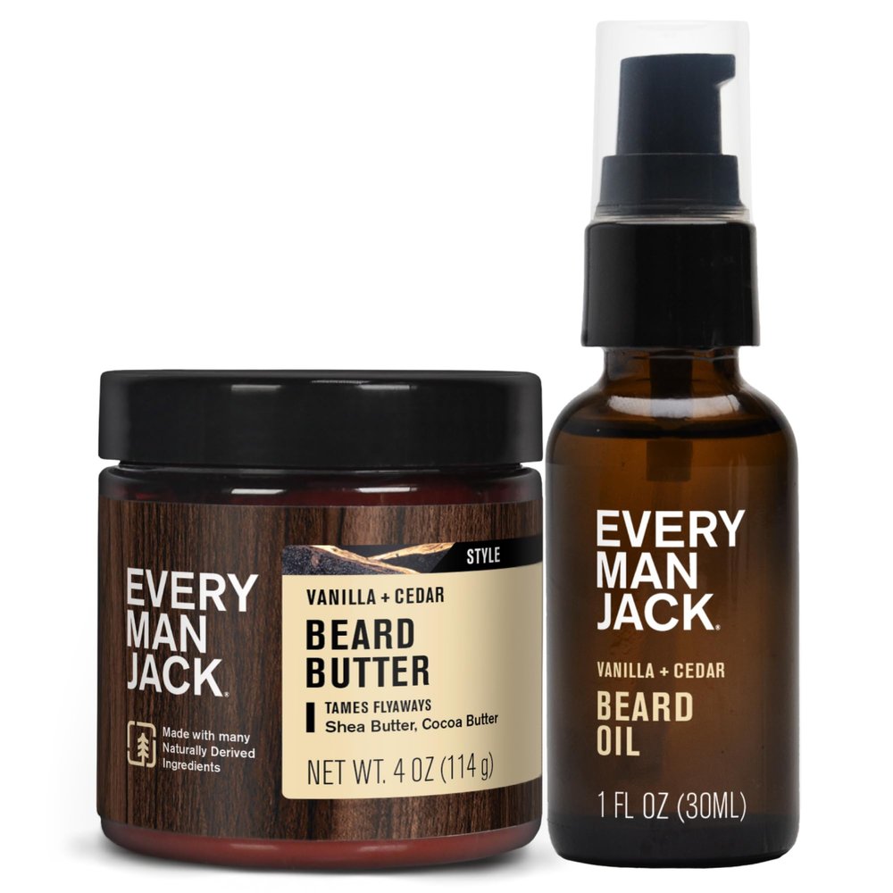 Every Man Jack Beard Oil & Beard Butter Bundle - Vanilla + Cedar Scent - Rejuvenates, Hydrates & Styles Dry Beards - Naturally Derived with Cocoa Butter and Shea Butter