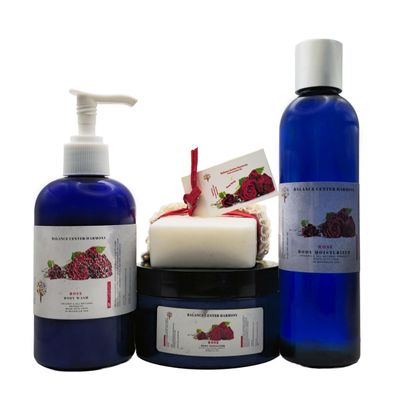 BCH Rose Body Set Organic 4-in-1 All Natural Skincare Kit for Men & Women | Body Wash, Scrub, Moisturizer & Soap Bar | Hydrating, Exfoliating & Soothing Skin Care Made in USA