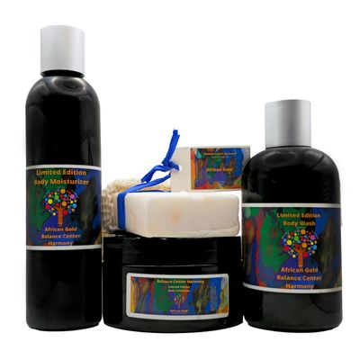 BCH Organic African Gold Spa Kit 4-in-1 All Natural Body Care Set with Body Wash, Scrub, Moisturizer & Soap | Hydrating Skincare Gift Set for Women & Men (Soft & Glowing Skin, 5 Scents)