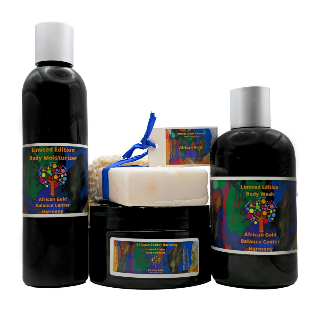 BCH Organic African Gold Spa Kit 4-in-1 All Natural Body Care Set with Body Wash, Scrub, Moisturizer & Soap | Hydrating Skincare Gift Set for Women & Men (Soft & Glowing Skin, 5 Scents)