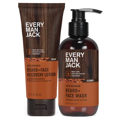 Every Man Jack Men's Beard + Face Wash & Lotion Set - Subtle Aged Bourbon Scent - Naturally Cleanse and Condition Your Beard & Skin