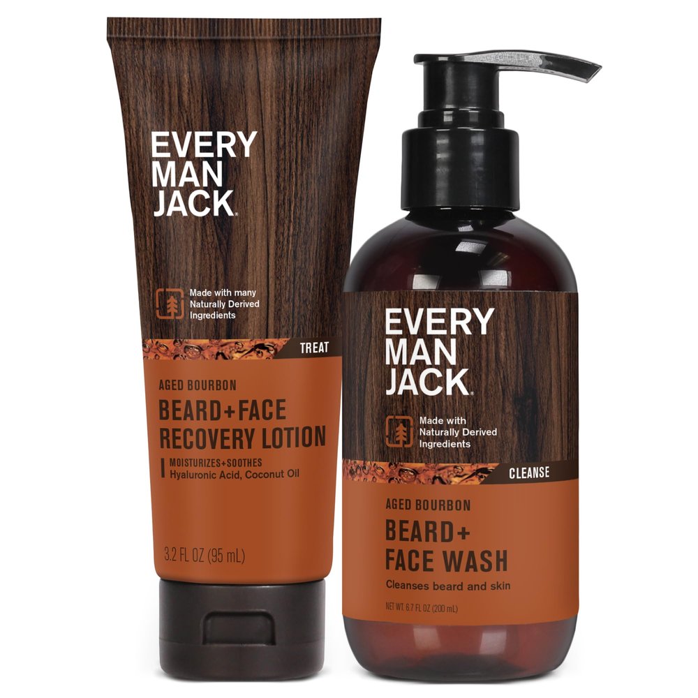 Every Man Jack Men's Beard + Face Wash & Lotion Set - Subtle Aged Bourbon Scent - Naturally Cleanse and Condition Your Beard & Skin