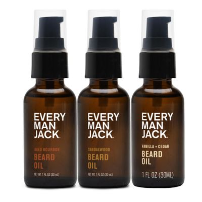 Every Man Jack Beard Oil Gift Set for Men Full Size 3-pack - Sandalwood, Vanilla + Cedar & Aged Bourbon Scents Softens Beard + Adds Shine - Naturally Derived w/Shea Butter 1 fl oz (3 Pack)