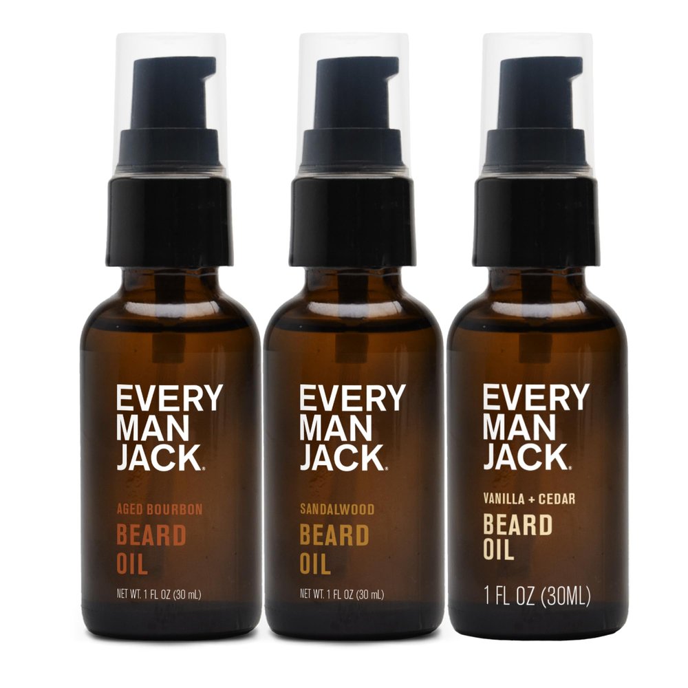 Every Man Jack Beard Oil Gift Set for Men Full Size 3-pack - Sandalwood, Vanilla + Cedar & Aged Bourbon Scents Softens Beard + Adds Shine - Naturally Derived w/Shea Butter 1 fl oz (3 Pack)