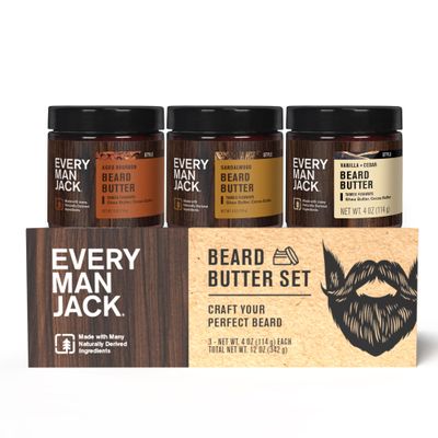 Every Man Jack Beard Butter Gift Set for Men  Full Size 3-Pack Variety with Sandalwood, Vanilla + Cedar & Aged Bourbon Scents  Naturally Derived with Shea Butter & Coconut Oil  4 oz (3 Pack)