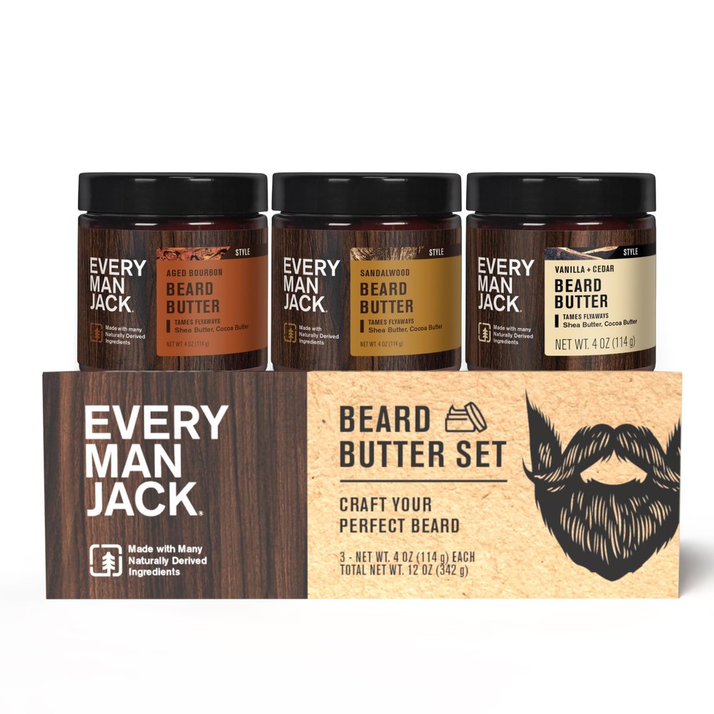 Every Man Jack Beard Butter Gift Set for Men Full Size 3-Pack Variety with Sandalwood, Vanilla + Cedar & Aged Bourbon Scents Naturally Derived with Shea Butter & Coconut Oil 4 oz (3 Pack)