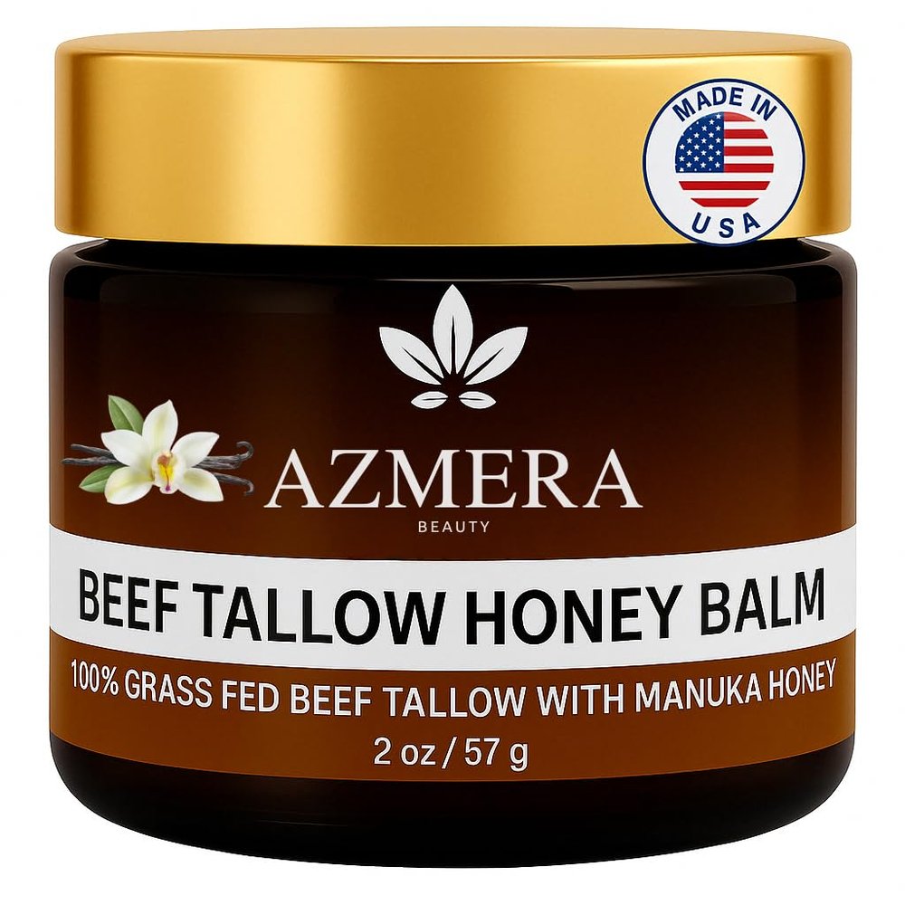 Azmera Beauty 100% Grass-Fed Beef Tallow Balm, Manuka Honey MGO263+, Organic Beeswax & Olive Oil, Beef Tallow for skin,Handmade Moisturizer for Dry Skin, Eczema Relief, & Healing Skin(2oz, Vanilla)