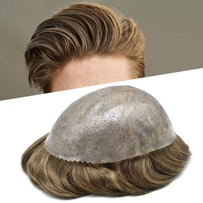 Healthlif Toupee for Men Hairpiece Hairpieces And Toupees Thin Skin Mens Hair System Full Poly V-Looped Mens Toupee Human Hair Systems7X9-110% Density#1820#18 Medium Blonde+20% Grey