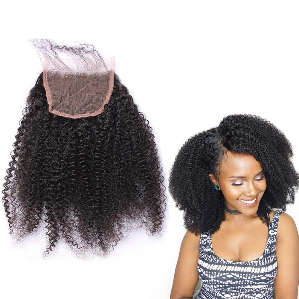 Kiss darling LASHES 4x4 Afro Kinky Curly Lace Closure Human Hair 18Inch Top Full Closure Piece #1b black 150% Density Lace Closure Pre Plucked Bleached Knots