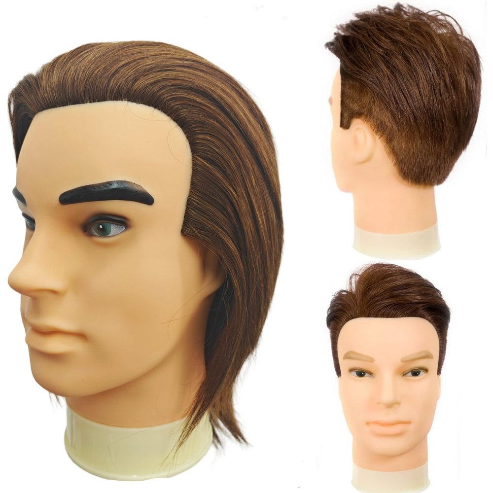Mannequin Head with Human Hair, Barber Mannequin Head Male for Hair Cutting or Styling, Practice Hair Mannequin Head with Stand