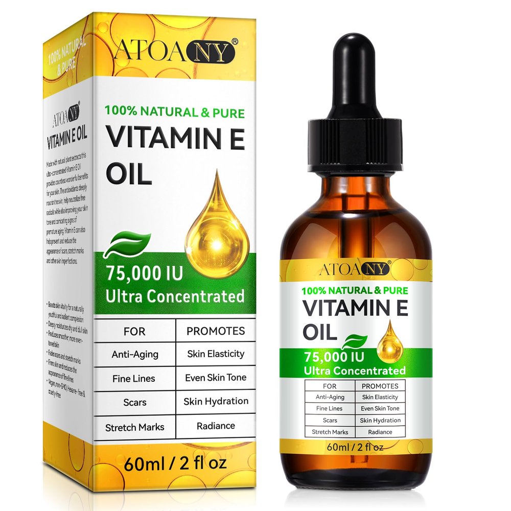 ATOANY Vitamin E Oil 75,000 IU 2 Fl Oz - 100% Pure Vitamin E Oil for Skin, Face, Hair, Body - Natural Antioxidant for Dryness, Wrinkles, Scars & Stretch Marks, Moisturizing and Firming Skin