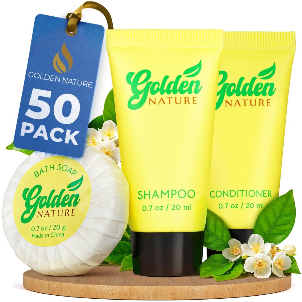 Golden Nature - Travel Size Soap, Shampoo & Conditioner Set - Jasmine, 0.7 oz each, 150 Pcs - 3-Piece Kit: 50 Round Bar Soap, 50 Shampoo & 50 Conditioner - Bulk Small Size Toiletries