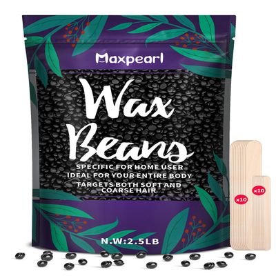 Maxpearl 2.5LB Hard Wax Beads for Hair Removal, Mens Coarse Hair Formula - Brazilian Waxing, Sensitive Skin, Face, Underarms, Legs, Back, Chest and More, with 20 Wax Sticks, Black
