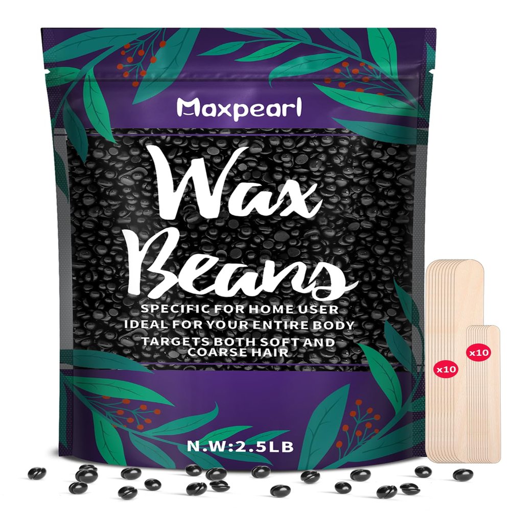 Maxpearl 2.5LB Hard Wax Beads for Hair Removal, Mens Coarse Hair Formula - Brazilian Waxing, Sensitive Skin, Face, Underarms, Legs, Back, Chest and More, with 20 Wax Sticks, Black