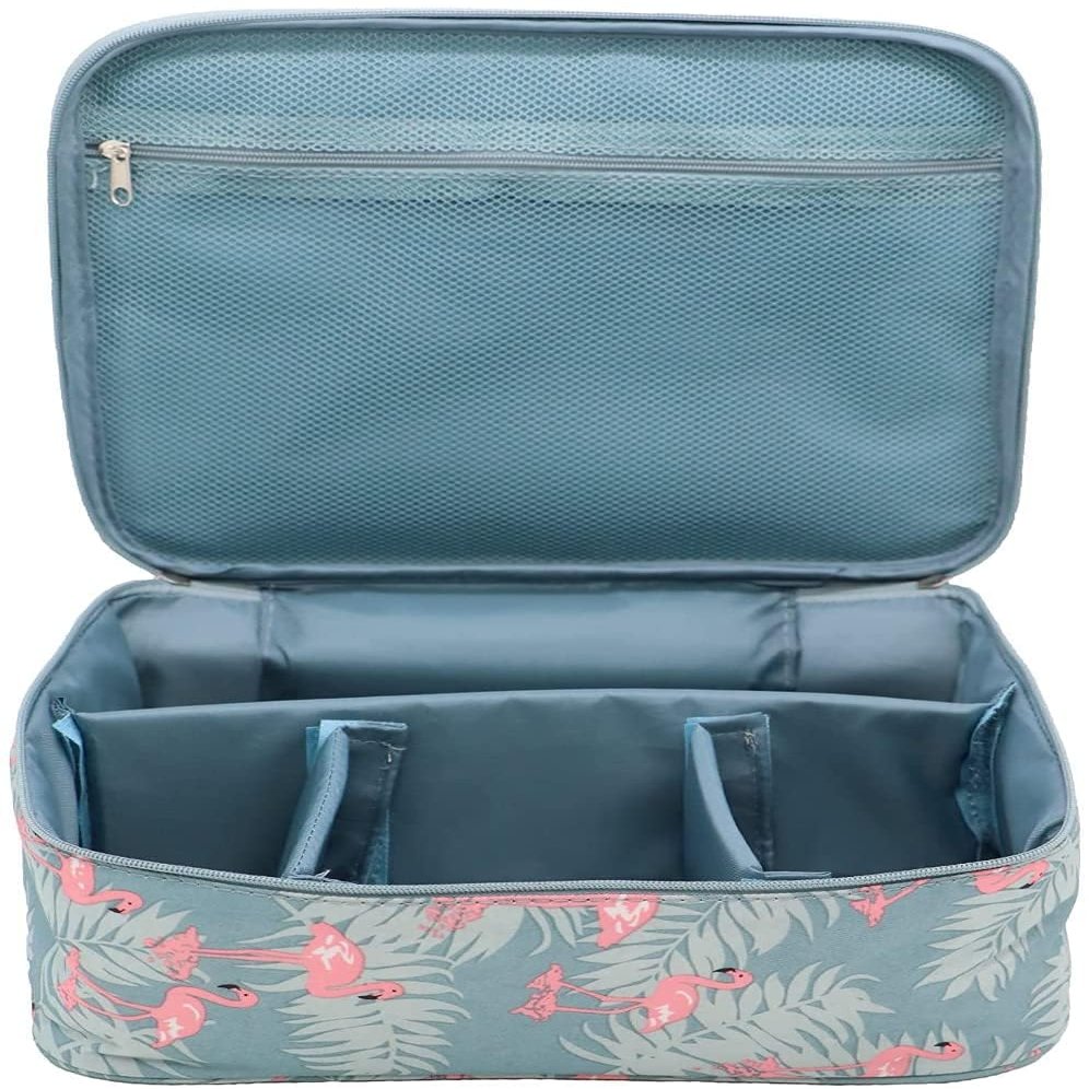Anjali Enterprises Portable Makeup Case Travel Cosmetic Storage Kit with Removable PartitionsBlue Color Flamingo Design