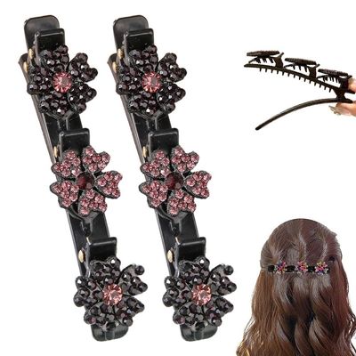 2 PCS Sparkling Crystal Stone Braided Hair Clips, 2025 New Flower Hair Clip for Women, Small Clips Braid for Home Use (Pink)