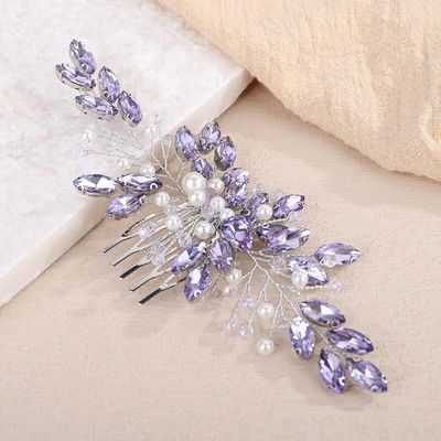 Teyglen Purple Rhinestone Pearl Wedding Hair Comb Bridal Crystal Hair Comb Handmade Head Piece for Bride Wedding Hair Accessories Jewelry for Women Headpiece (Purple)