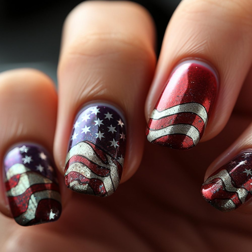 24 Pcs Glitter 4th of July Press on Nails Short Medium Fake Nails Independence Day Reusable False Nails Kit American Flag Nails Patriotic Press on Nails Glossy Full Cover Glue on Nails for Women