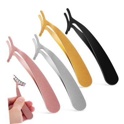 VICASKY 4pcs Stainless Steel False Eyelash Tweezers Ergonomic Lash Applicator Tool for Easy Application and Removal of Fake Lashes Includes Gold Silver Black Rose