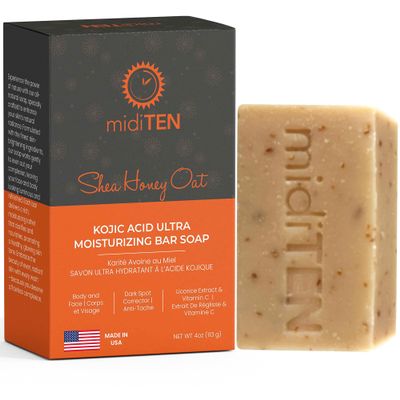 midiTEN Kojic Acid Dark Spot Corrector Bar Soap  With Vitamin C, Licorice Extract, Coconut Oil, Oats, Shea Butter, Honey  For All Skin Types  Ultra Moisturizing  All-Natural Ingredients (4OZ)