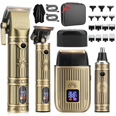 Bomxin Hair Clippers for Men Professional, T-Blade Barber Clippers and Trimmer Set, 4 in 1 Mens Cordless Hair Clipper for Barber Kit, Foil Thaver and Nose Trimmer for Men with LED Display