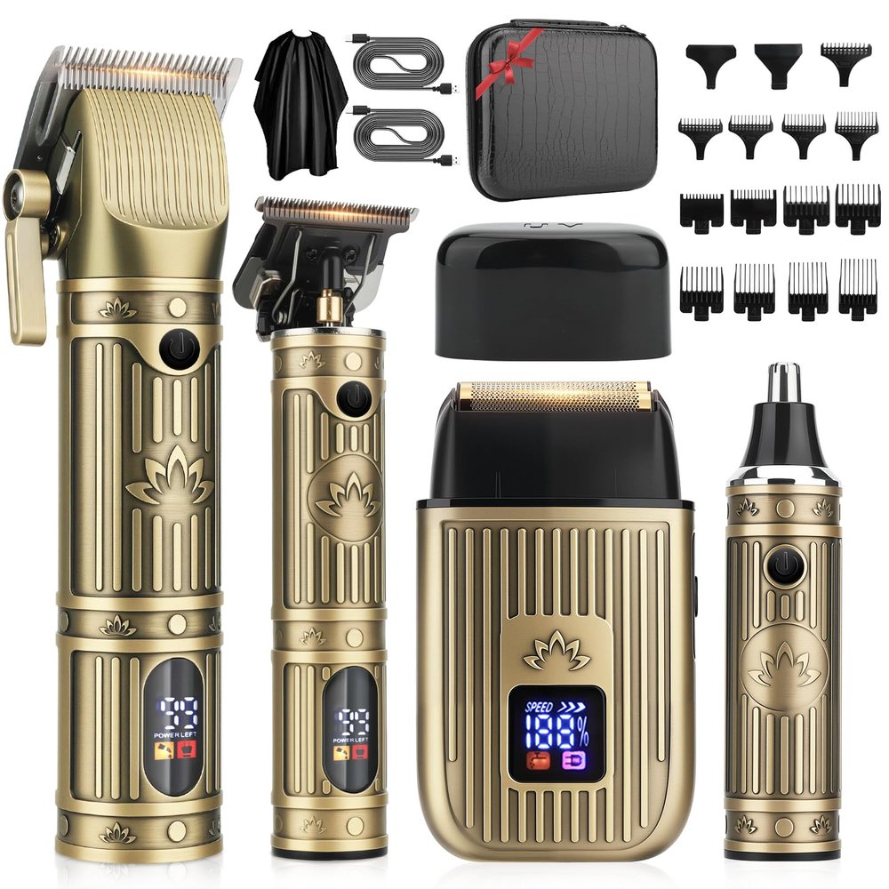 Bomxin Hair Clippers for Men Professional, T-Blade Barber Clippers and Trimmer Set, 4 in 1 Mens Cordless Hair Clipper for Barber Kit, Foil Thaver and Nose Trimmer for Men with LED Display