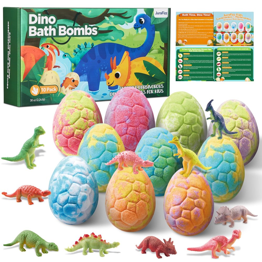 Dinosaur Bath Bombs for Kids with Surprise Inside, 10 Pack Natural Dino Eggs with Exclusive Herbivorous Dinosaur Toys, Birthday Gift Set for Boys & Girls, Dinosaur Toys for Kids Ages 3-9