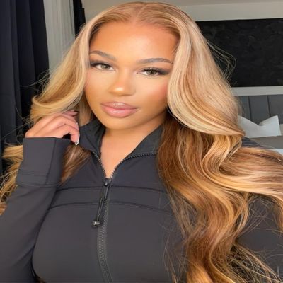 UNICE Honey Blonde Highlight Body Wave 7x5 Lace Front Wigs Human Hair Bye Bye Knots Glueless Drawstring Wig Human Hair Pre Plucked Pre Cut Natural Hairline Put on and Go 20 inch