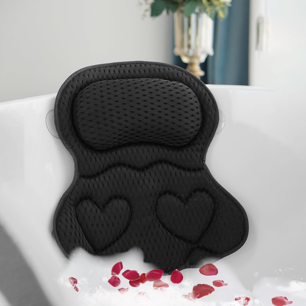 Bath Pillows for Tub Luxury, Bath Pillow for Head and Neck, Fit Bathtub Hot Tub Relaxing Gifts for Women, Comfort 4D Air Mesh Fabric & 6 Non-Slip Suction Cups, Black