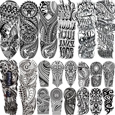 20 Sheets Cool Tirbal Maori Full Arm Temporary Tattoos For Men Adults Thigh, Black Totem Armband Robot Arm Letter Fake Sleeve Tattoos For Women, Bulk 3D Halloween Tattoo Stickers Loyalty Faith