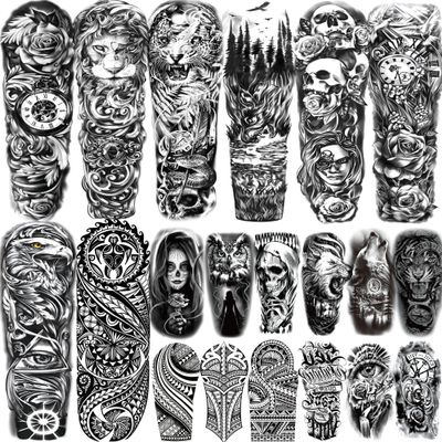 20 Sheets Black Lion Leopard Full Arm Temporary Tattoos For Men Adults Thigh, Floral Forest Wolf Skull Skeleton Eagle Maori Turtle Totem Fake Sleeve Tattoos For Women, Halloween Tattoo Stickers Flower