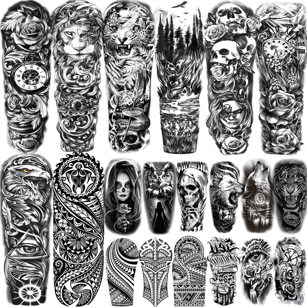 20 Sheets Black Lion Leopard Full Arm Temporary Tattoos For Men Adults Thigh, Floral Forest Wolf Skull Skeleton Eagle Maori Turtle Totem Fake Sleeve Tattoos For Women, Halloween Tattoo Stickers Flower