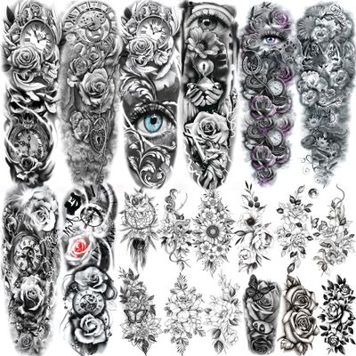20 Sheets Sexy Rose Flower Full Arm Temporary Tattoos For Women Adults Thigh, Black Tribal Eye Gear Peony Florals Eye Compass Clock Fake Sleeve Tattoos For Women, 3D Halloween Tattoo Stickers
