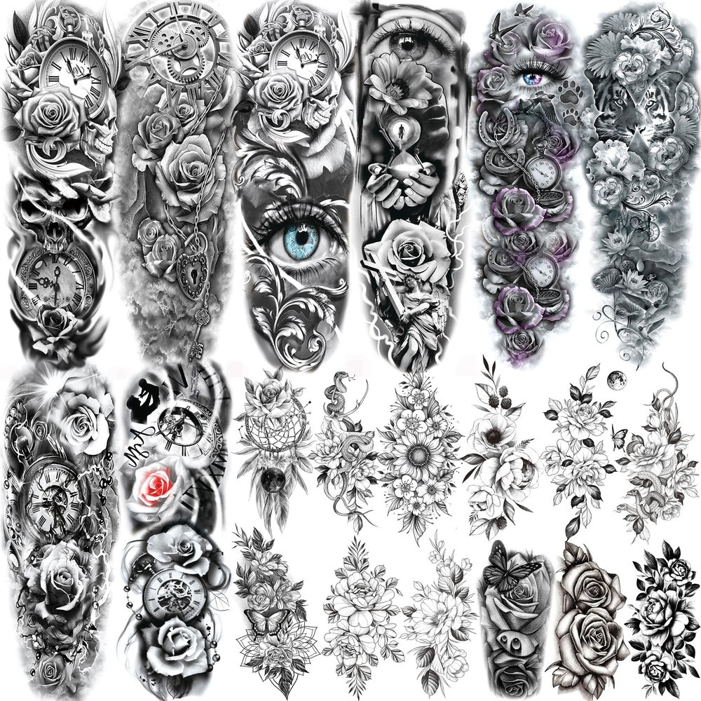 20 Sheets Sexy Rose Flower Full Arm Temporary Tattoos For Women Adults Thigh, Black Tribal Eye Gear Peony Florals Eye Compass Clock Fake Sleeve Tattoos For Women, 3D Halloween Tattoo Stickers