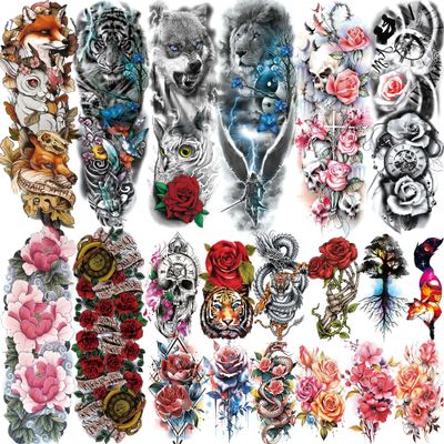 20 Sheets Sexy Rose Flower Full Arm Temporary Tattoos For Women Girl, Large Peony Lotus Florals Wolf Lion Tiger Fox Skull Fake Sleeve Tattoo For Adults, Watercolor Skull Halloween Tattoo Stickers