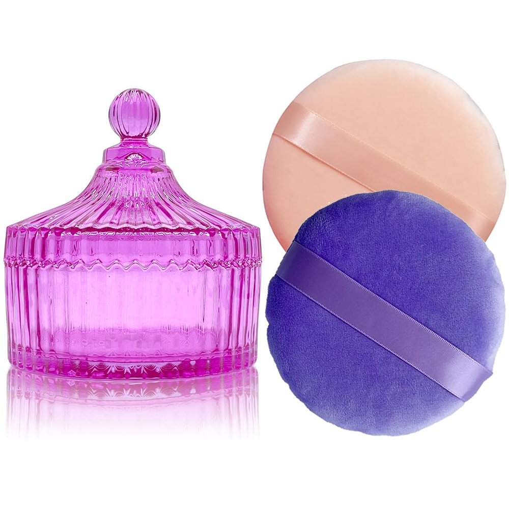 2 Pack Extra Large 5.2" Beige & Purple Powder Puffs and 5.3" Glass Container  Oversized Soft Body & Face Large Powder Puff Dusting Powder Jar Holder Case(Pink Glass)